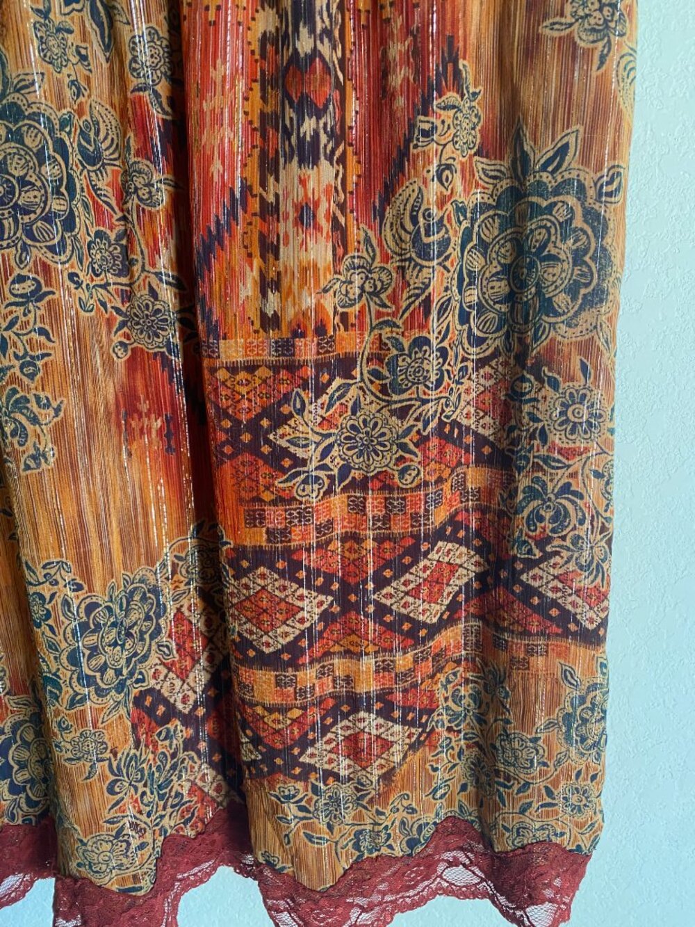 100% Silk Bohemian Paisley Lace-Trim Midi Gypsy Ethereal Dress Robbie Bee - Picture 8 of 11